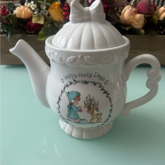 {Enesco Precious Moments} Christmas Happy Holly Days Stoneware Teapot Set 1994 - Picture 8 of 15